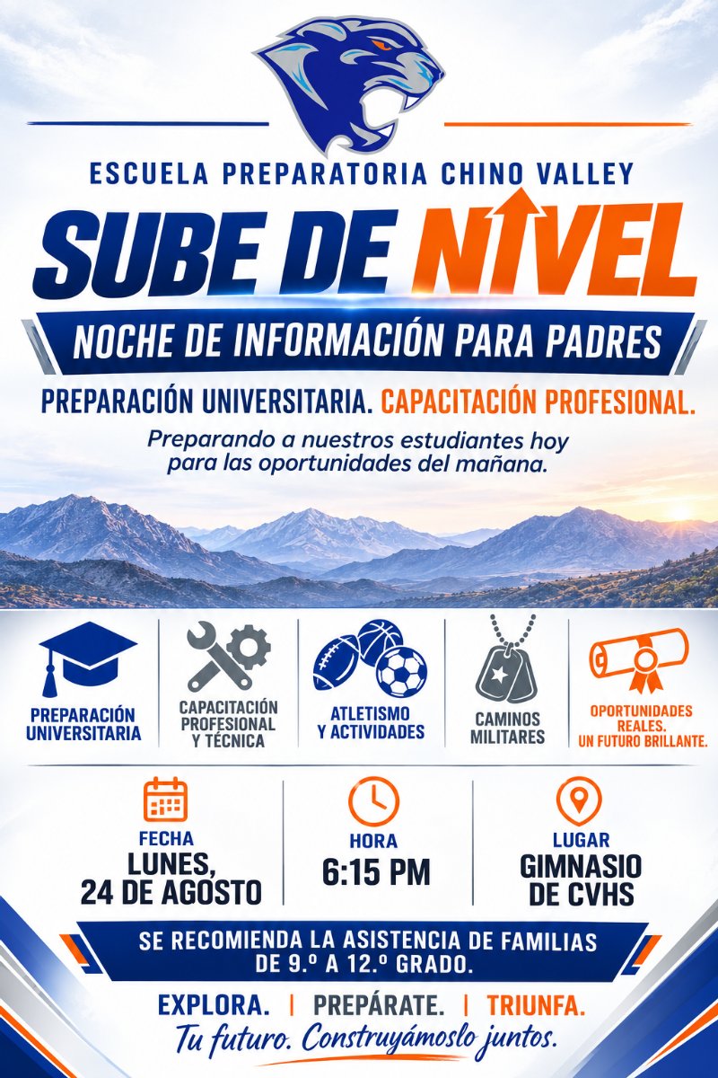 flyer explaining all the same details in text with graphics, mountains, and cougar logo in spanish